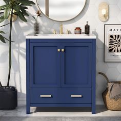 a bathroom with a blue cabinet and mirror next to a potted plant on the floor