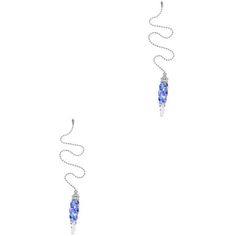 two blue and white necklaces hanging from a silver chain on a white background,