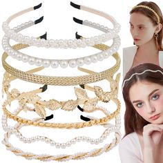 PRICES MAY VARY. 【More Combinations】You will receive 7 pieces headbands in 7 different shapes including 3 pieces gold metal hedband and 4 pieces pearl headbands, liberal quantity can meet your requirements as much as possible and different shapes can be matched for various hair style on different occasion. 【Sturdy Material】Pearl Headbands are made of artificial pearl, alloy and rhinestones, which are durable, bling and will last for long time to daily use. 【Size Information】These hairbands measu Metal Headband, Bridal Wedding Hair, Metal Headbands, Hair Claws, Pearl Headband, Leaf Decor, Hair Hoops, Hair Claws & Clips, Headbands For Women