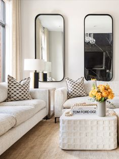 a living room filled with furniture and mirrors