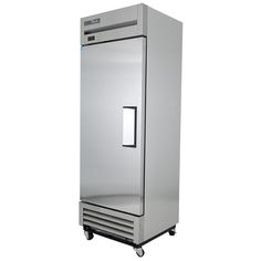 a stainless steel refrigerator sitting on wheels against a white background