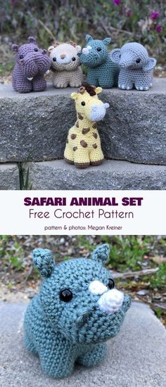 there are four stuffed animals sitting on the steps and one is crocheted to look like a giraffe