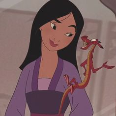 an animated woman in a purple dress with a dragon on her shoulder