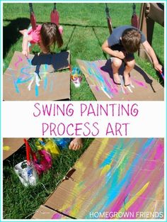 two children painting on cardboard with the words swing painting process art