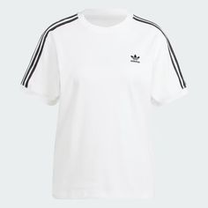 adidas 3-Stripes Tee - White | Women's Lifestyle | adidas US Adidas Three Stripes Streetwear T-shirt, Casual Striped T-shirt With Three Stripes, Sporty Striped T-shirt For Streetwear, Striped T-shirt With Three Stripes Branding, Crew Neck, Adidas Athleisure T-shirt With Side Stripes, Adidas Sporty T-shirt With Contrast Stripes, Sporty White T-shirt With Signature Stripes, Adidas Three Stripes Crew Neck T-shirt, Striped Short Sleeve T-shirt For Sports