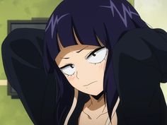 an anime character with black hair and white eyes looks at the camera while wearing dark clothes