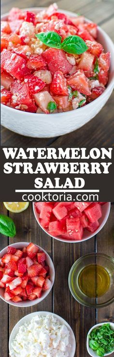 watermelon strawberry salad with feta cheese and basil in bowls on a wooden table