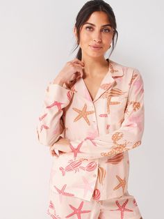 V by very seashell print long sleeve revere pj short set Prints Ideas, Pajama Suit, Girly Pictures