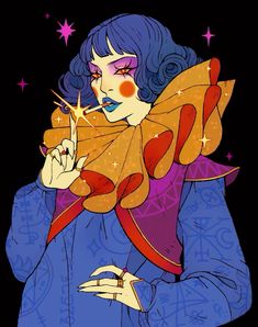 a drawing of a woman with blue hair and makeup holding a star in her hand