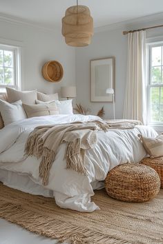 a large bed sitting in a bedroom next to two windows with wicker baskets on the floor