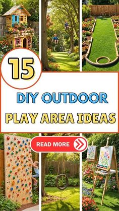 an outdoor play area with lots of different things to do in the yard and on the lawn