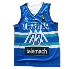 a blue jersey with white and green stripes on the chest, which reads slovvennia