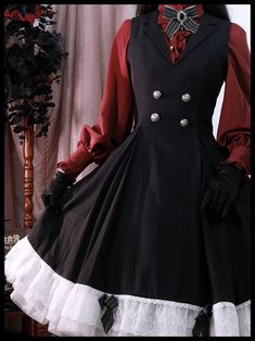 A bolero jacket and sleeveless dress with a black and white striped pattern that makes you look like a clown princess. The jacket is decorated with lace on the cuffs and frills on the hem. The hem of the sleeveless dress is also decorated with lace. Decorating with jabots, brooches, and ribbon clips creates a mysterious yet cute atmosphere. 
 
 
 Item 
 
 Bolero jacket 
 Sleeveless dress 
 Jabot 
 Ribbon brooch 
 Ribbon clip (set of 2) 
 
 
 
 Size 
 
 Bolero jacket 
 
 S size 
 
 Shoulder width Vintage Sleeveless Dress For Cosplay, Fitted Buttoned Dress For Costume Party, Fitted Dress With Buttons For Costume Party, Black Vintage Dress For Spring Costume Party, Black Vintage Dress For Costume Party In Spring, Fitted Vintage Dress With Ruffles For Cosplay, Black Vintage Dress With Ruffles For Fall, Fitted Vintage Dress With Ruffles For Costume, Elegant Sleeveless Cosplay Dress