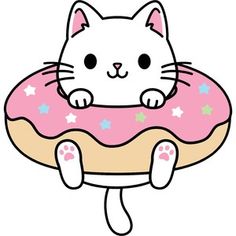 a white cat sitting on top of a donut with pink frosting and sprinkles