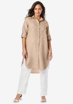 Our best-selling, versatile tunic silhouette is now available in linen! Personalize it with roll-tab sleeves that adjust from long to three-quarter length. Wear it on its own or layered over a tank or tee; tie it at the hip for a chic, sporty look. This must-have piece makes it easier than ever to go from daytime to sunset in style. Relaxed silhouette Adjustable buttoned roll-tab sleeves37” front, 40” backLinen/rayonMachine washableImported Tunics For Women, Plus Size Linen, Thermal Sweater, Swimsuits For All, Ladies Of London, Tunic Shirt, Tunic Sweater, Sporty Look, Cardigan Tops