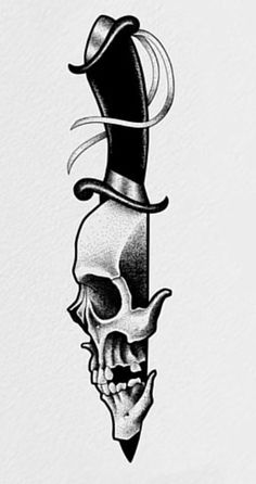 a black and white drawing of a skull with a top hat on it's head