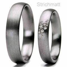 two wedding rings with diamonds on each side and the words, strength in white gold