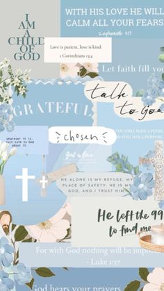 a collage with blue flowers and words on the bottom half of it, including an image of a cross