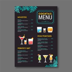 a black menu with drinks on it, and the words cocktail menu written in blue