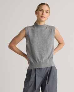 A luxe layer to wear now and later, our Mongolian Cashmere Mock Neck Sweater Vest is the sleeveless multitasker your wardrobe has been missing. Crafted in Grade-A cashmere sourced from Mongolia, this fine-gauge knit is lightweight enough to wear on its own but can be layered over a shirt and under a cardigan or jacket too. Soft and breathable, it's an essential for any season.  | Quince | Women's Mongolian Cashmere Mock Neck Sweater Vest in Heather Grey, Size XS 2020 Fashion Trends, Womens Cashmere, Knitted Tops, Sweater Tank Top, Looks Chic, Sleeveless Vest, Mock Neck Sweater, Knit Vest, Shoulder Sweater