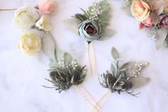 "These REAL, natural seeded eucalyptus hair pins, REAL, natural scottish blue thistle, and a beautiful stone blue artsilk bloom, bridal floral pins, boho festival floral detail, feature REAL natural and dried thistle flowers, REAL natural and preserved seeded eucalyptus, faux baby breath and fuzzy lamb ear for added texture and visual interest. THIS IS A SET OF THREE  PINS ALL the components are securely attached onto U shaped gold-plated pins This set is perfect for a boho or woodland wedding. You can wear it tucked into a low relaxed bun or a french braid. I can customize the size, just contact me for estimates This piece contains real , natural foliage and dried flowers, so the shape of each individual leaf or flower can differ as with all the natural elements, but I always try to choos Flower Garland Hair, Wedding Flower Hair, Southwestern Wedding, Flower Girl Tiara, Floral Headpiece Wedding, Flower Crown Bridesmaid, Pink Flower Headband, Flower Crown Bride, Bridal Floral Crown