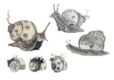 some very cute little snails with different designs on them's faces and body parts