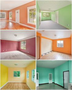 four different pictures of an empty room with wood flooring and walls painted bright colors