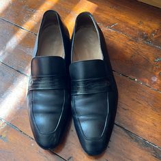 Giorgio Armani Black Leather Loafers Size 10.5 Previously Owned But In Good Condition Two Tiny Scuff Marks On Inner Side Of Each Shoe And Scuff Mark Onright Toe (See Photo) With Original Box And Dust Bag Included Fitted Almond Toe Moccasins For Galas, Business Moccasins With Almond Toe, Business Slip-on Fitted Moccasins, Semi-formal Slip-ons With Almond Toe, Formal Almond Toe Loafers With Branded Insole, Designer Fitted Loafers With Round Toe, Designer Fitted Round Toe Loafers, Fitted Designer Loafers With Round Toe, Formal Almond Toe Loafers