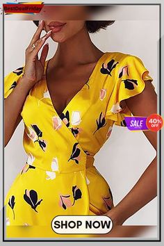 Floral Print Ruffle Hem V Neck Dress P7585000928 Yellow V-neck Dress With Ruffle Hem, Elegant Yellow Printed Dress, Chic Printed Yellow Dresses, Chic Yellow Printed Dress, V-neck Yellow Dress With Ruffle Hem, V Neck Dress, Ruffle Hem, Neck Dress, Floral Print