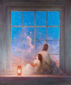 a painting of a woman sitting on a window sill looking out at the night sky