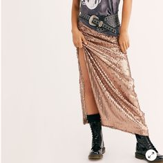 Shine In This Seashell Sequin Embellished Maxi Skirt Designed In A Straight Silhouette With Side Slits And Mini Lining. Hidden Side Zip Closure Partially Lined High-Rise Design. Lining: 100% Viscose,100% Nylon. Color: Rose Gold Size: 2, 6 New Without Tags. Label Marked To Prevent Store Returns Measures Approximately: Across Waist 14”, Length 43” Asymmetrical Skirt With Side Slits For Party, Spring Party Skirt With Side Slits, Party Skirt With Side Slits, Spring Glamorous Maxi Skirt With Sequins, Glamorous Spring Maxi Skirt With Sequins, Fitted Sequined Spring Maxi Skirt, Fitted Sequin Maxi Skirt For Spring, Sequin Long Skirt For Summer, Fall Skirt With Sequins