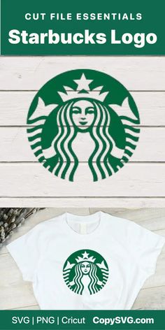 the starbucks logo is shown on top of a white t - shirt with green lettering