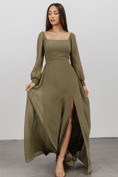 Giselle Maxi Dress | Dusty Olive | Baltic Born Long Sleeve Bridesmaid Dress, Winter Formal Dresses, Olive Dress, Baltic Born, Mode Abaya, Olive Green Dresses, Guest Attire, Rust Dress, Dress Dusty