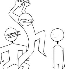 a drawing of two people with one holding up the other's arm and another looking at