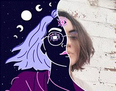 a woman with blue hair and glasses looking at the moon in front of her face