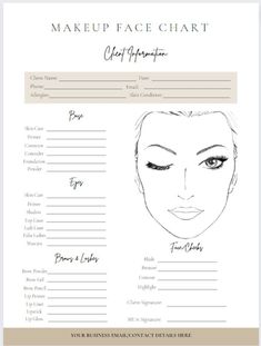 The perfect face chart template for MUA's who are just starting out and who want to be super organised! you can list all the products and shade names used in any trials or appointments for your clients so you have reference for their next appointment. You will require canva to be able to edit this template from the link. Face Chart Template, Chart Logo, Corrector Concealer, Makeup Face Charts, Lip Primer, Perfect Face, Face Chart, Chart Template, Mascara Lashes