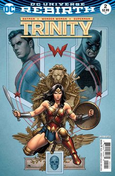 the cover to wonder woman, featuring two superheros and an iron - clad man