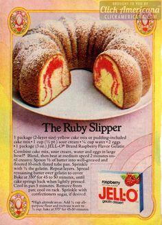 an advertisement for jelly - filled bundt cake on a plate with one slice cut out