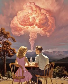 a man and woman sitting at a table in front of an exploding cloud above them