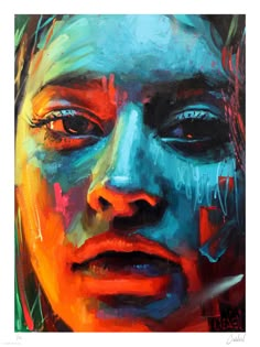 a painting of a man's face with blue and orange paint on his face