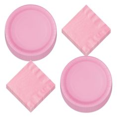 four pink paper plates with napkins on them