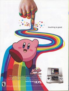 an advertisement for the nintendo wii game, featuring a cartoon character holding a rainbow colored object