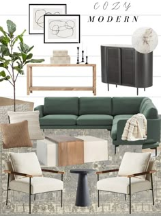 a living room with green couches and white chairs on the floor, in front of a