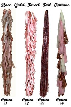 four different types of tassels are shown in pink, white and gold colors