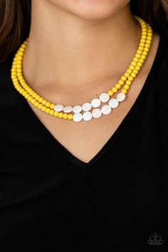 A summery collection of shiny white shell-like discs and dainty yellow beads are threaded along invisible wires, creating colorful layers falling below the collar. Features an adjustable clasp closure. Sold as one individual necklace. Includes one pair of matching earrings. Acrylic Ring, Rose Gold Frame, Purple Gems, Yellow Necklace, Paparazzi Accessories, White Rhinestone, Pink Beads, Paparazzi Jewelry, Chic Accessories