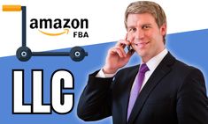 a man talking on a cell phone next to an amazon fba sign with the company logo