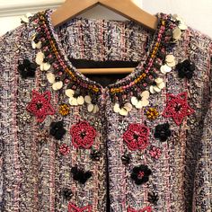 Nwt Summer Of Love Suzy Tweed Jacket. Beautiful Details. Spring Embellished Outerwear For Work, Spring Embellished Workwear Outerwear, Multicolor Embellished Outerwear For Winter, Beaded Long Sleeve Outerwear For Fall, Embellished Multicolor Outerwear For Spring, Multicolor Embellished Outerwear For Spring, Fall Multicolor Beaded Outerwear, Beaded Jacket, Anthropologie Jacket