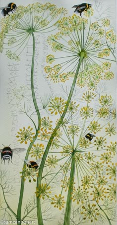 a drawing of two bees sitting on top of a dandelion plant with yellow flowers