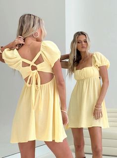 Mini dressSquare neckline. padded bust. open back with tie fasteningNon-stretch. lined bust100% cottonCold hand wash only Loose Mini Dress, Brunch Dress, Let's Dance, Lets Dance, Dress Yellow, Spring Dress, Smock Dress, Babydoll Dress, Spring Dresses