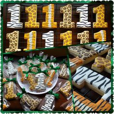 a table topped with lots of cookies covered in zebra print